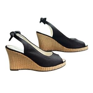 Wild Diva Slip On Peep Toe Wedge Espadrilles Womens Size 5.5 Black Bows on Back